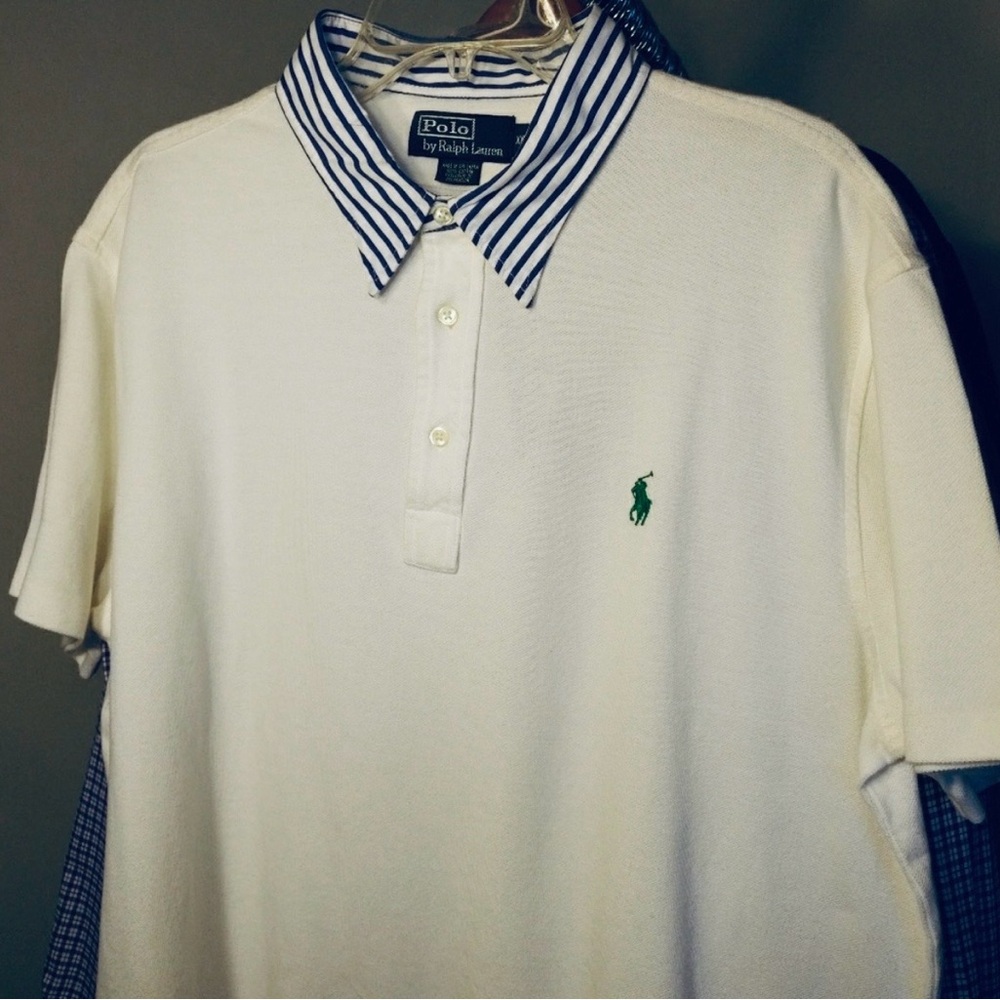 Ralph Lauren White Polo Shirt with Blue Striped Collar